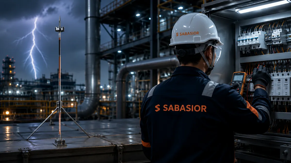 Sabasior engineer testing a surge protection panel next to a lightning air terminal