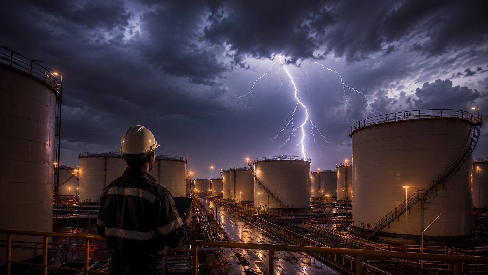 Lightning over oil storage tanks